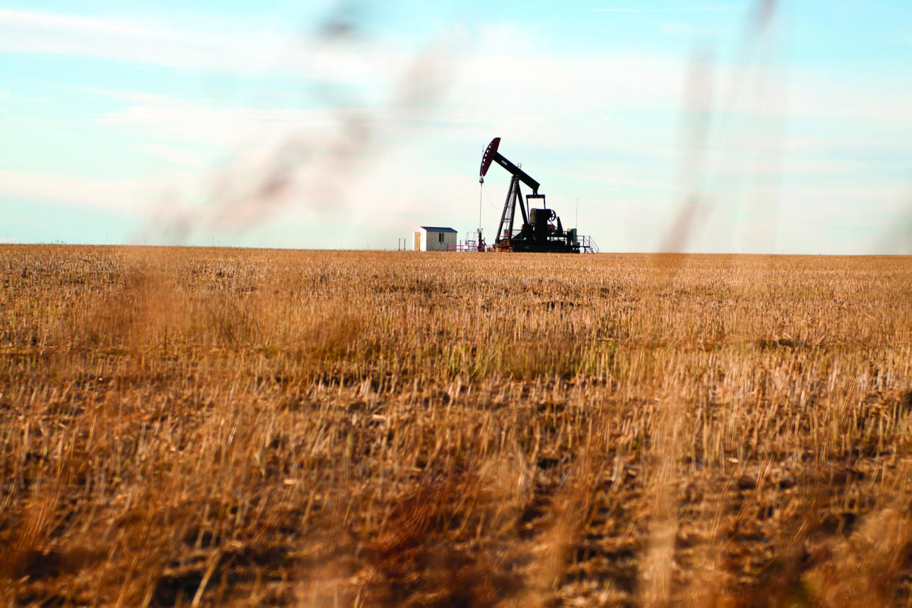 A pumpjack standing in a golden prairie field